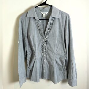 White House Black Market Pinstripe Ruffle Trim Long Sleeve V-Neck Blouse 14